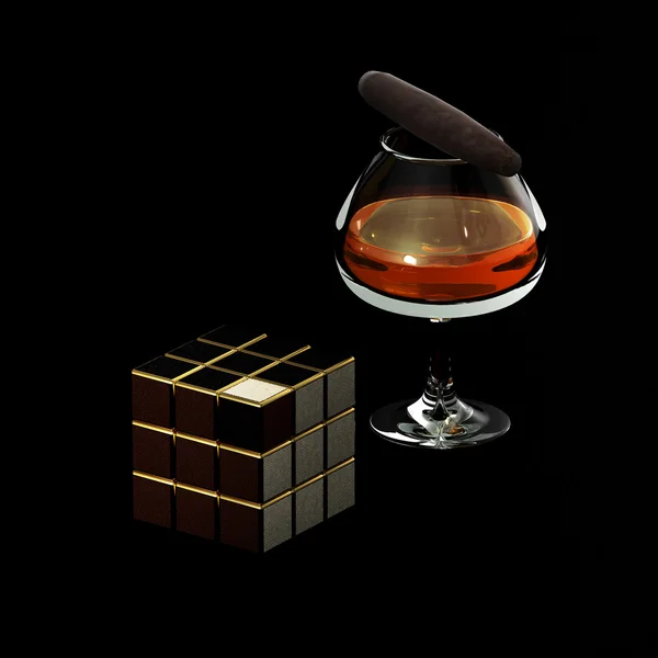 Δέρμα παιχνίδι κύβος με ένα ισχυρό ποτό και πούρο — Φωτογραφία Αρχείου