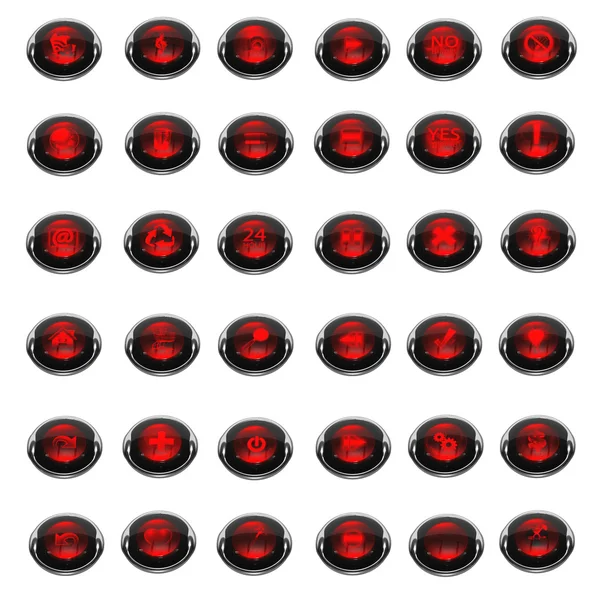 Set di 36 diverse icone in vetro lucido rosso e metallo — Foto Stock