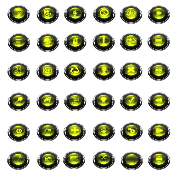 Set de 36 diferentes iconos de cristal brillante amarillo y metal —  Fotos de Stock