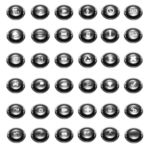 Комплект из 36 различных белых глянцевых стеклянных и металлических икон — стоковое фото