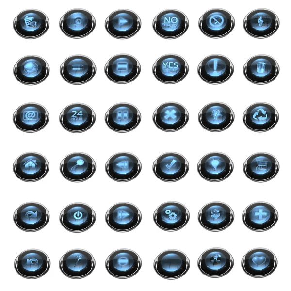 Conjunto de 36 diferentes iconos de cristal brillante azul y metal — Foto de Stock
