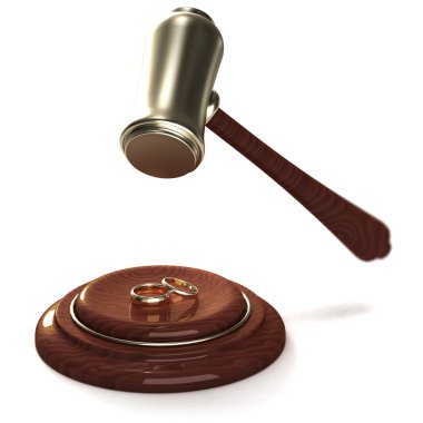 Gavel breaking golden rings as a divorce clipart