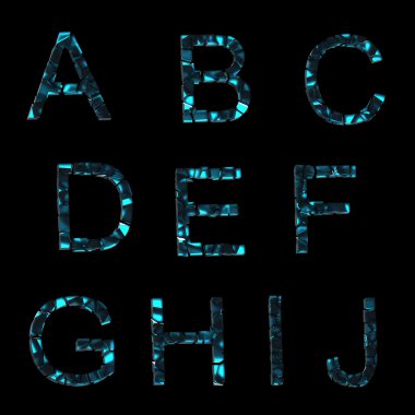 Alphabet: set of broken into pieces glass letters isolated on black clipart