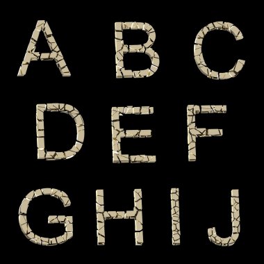 Alphabet: set of broken into pieces golden letters isolated on black clipart