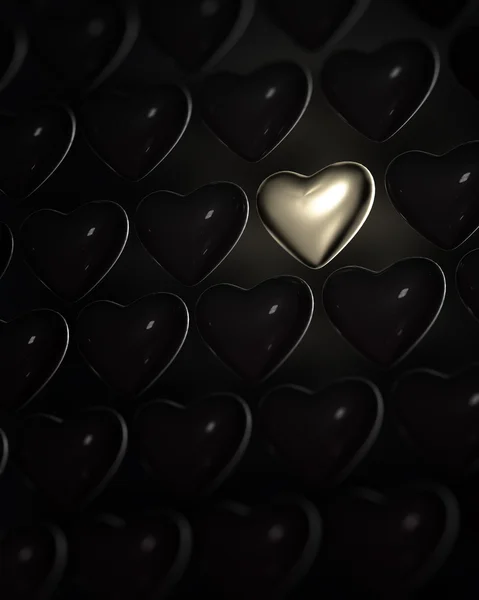 Corazón dorado brillante rodeado de corazones oscuros —  Fotos de Stock