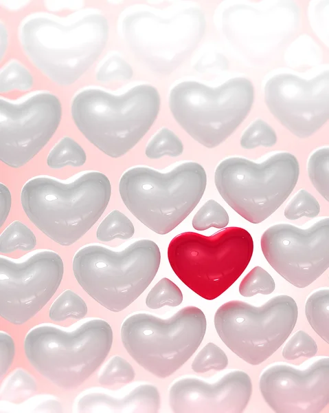 Röd blank hjärta omgivet av ljusa hjärtan — Stockfoto