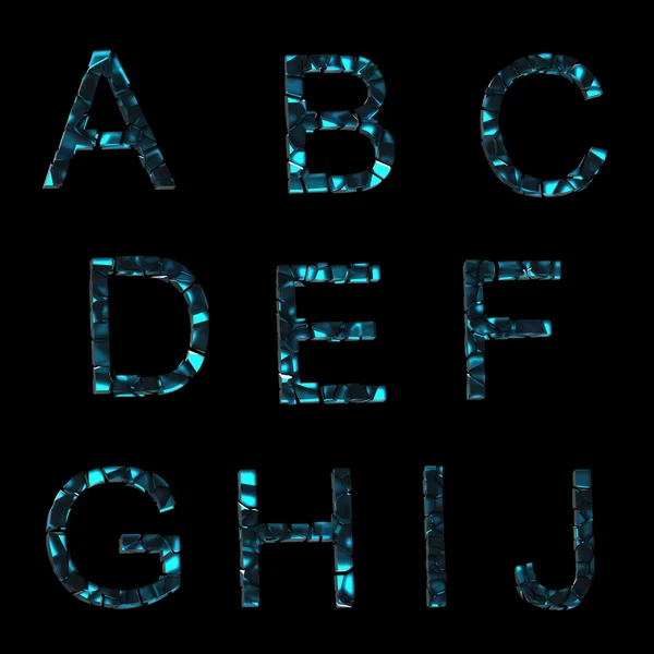 Alfabeto: conjunto de quebrado em pedaços letras de vidro isoladas em preto — Fotografia de Stock