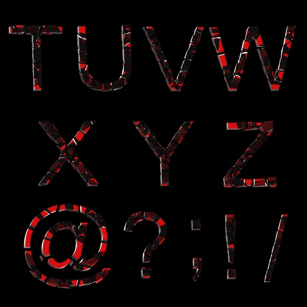 Алфавит: набор разбитых на куски стеклянных букв, изолированных на черном — стоковое фото