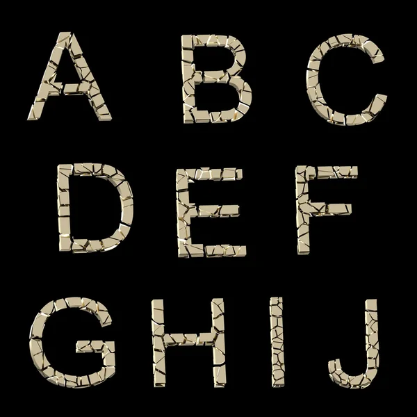 Алфавит: набор разбитых на куски золотых букв, изолированных на черном — стоковое фото