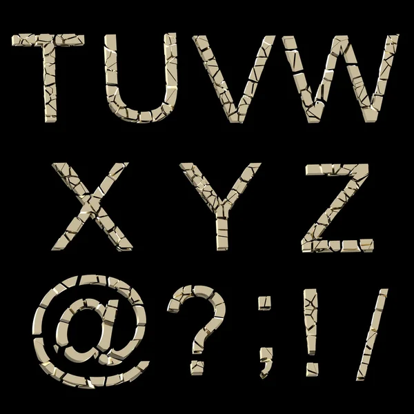 Alphabet: Satz zerbrochener goldener Buchstaben isoliert auf schwarz — Stockfoto
