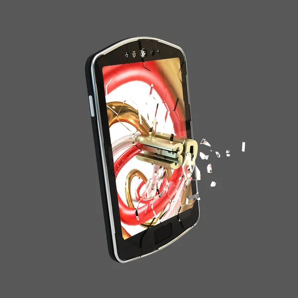 Mobiele slimme telefoon met het scherm neergestort door 3D-technologie — Stockfoto