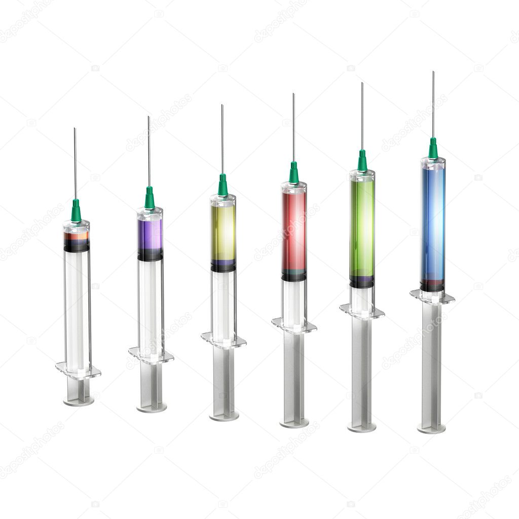 Set of six syringes full of different liquids