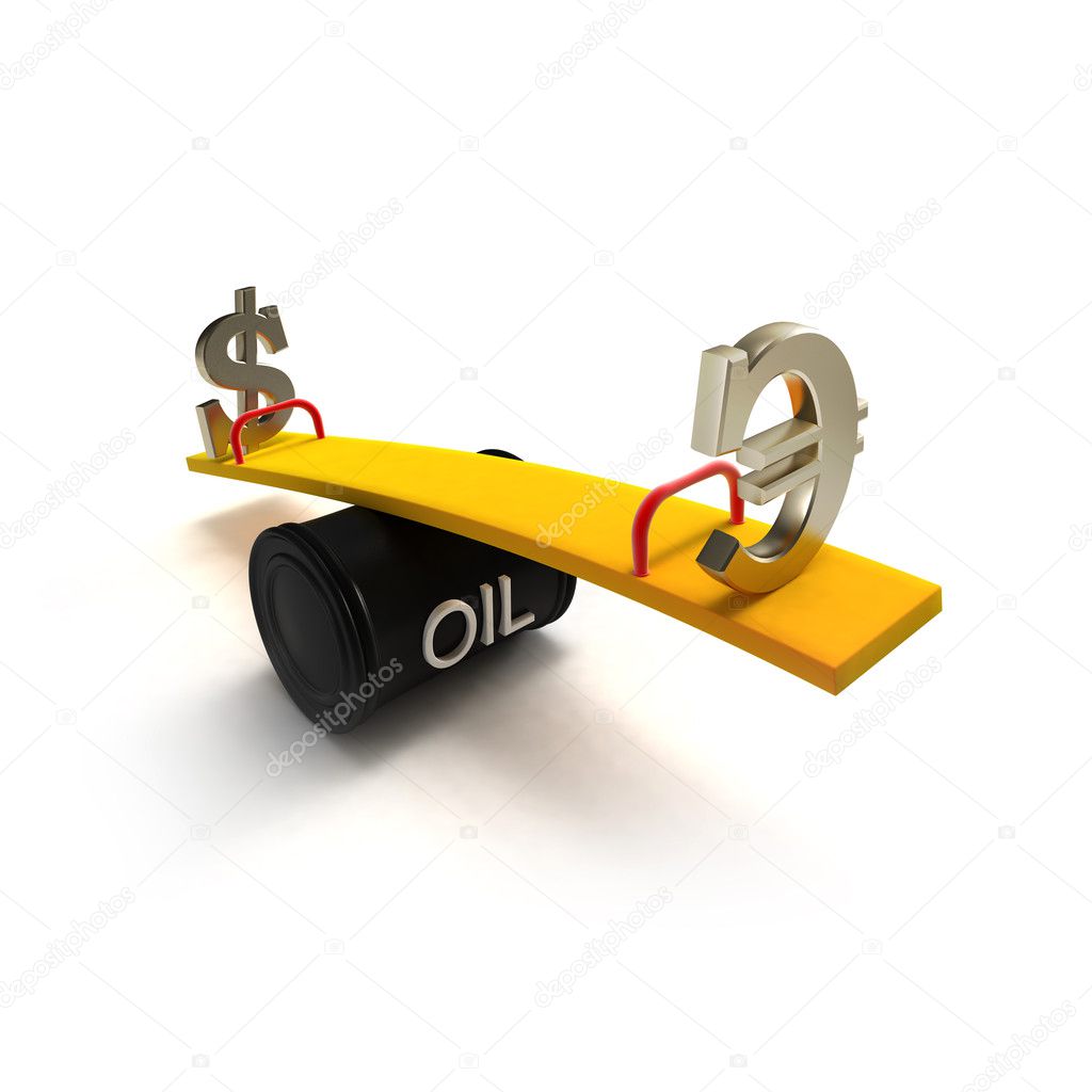 Euro and dollar signs on a seesaw made of oil barrel
