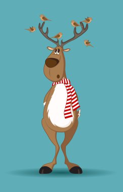 Reindeer with birds sitting on its antlers clipart