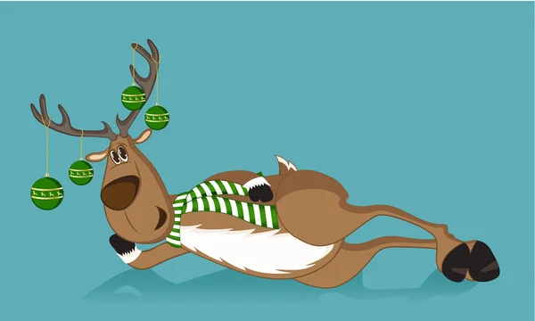 Lying reindeer with green christmas balls on its antlers — Stock Vector