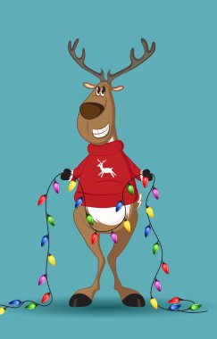 Reindeer in red jumper holding a line of light-bulbs clipart