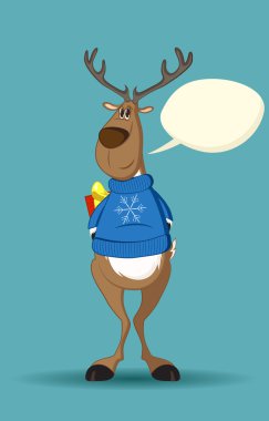 Reindeer in a blue jumper holding a gift behing its back clipart