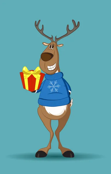 Reindeer in a blue jumper holding a gift — Stock Vector