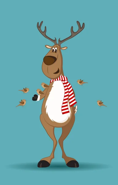 Reindeer and birds feeding from its hand — Stock Vector