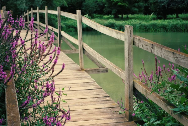Pont à pied en bois avec fleurs sauvages Images De Stock Libres De Droits