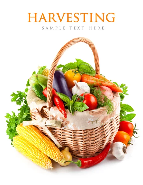 Fresh vegetables with green leaves in basket — Stock Photo, Image