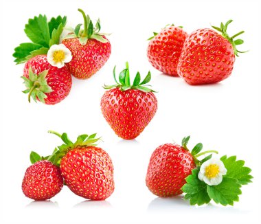 Set strawberry berry with green leaf and flower clipart