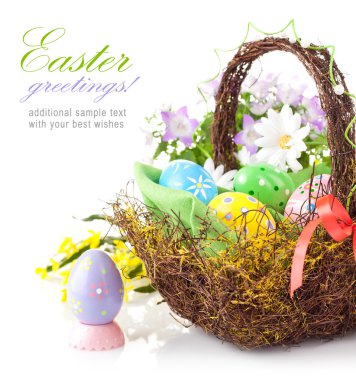 Easter eggs in basket with spring flowers clipart