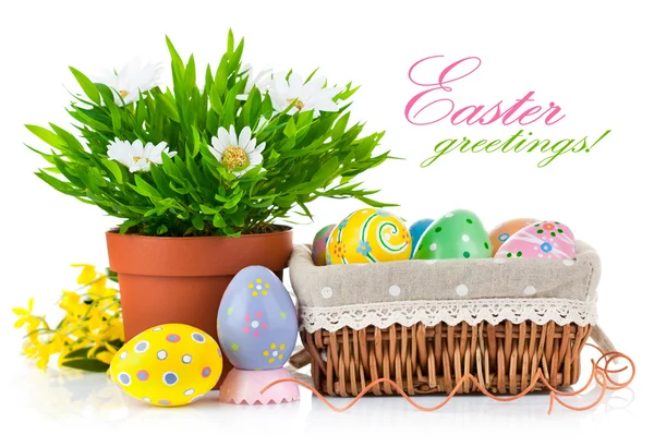 Uova di Pasqua in cesto con fiori primaverili — Foto Stock