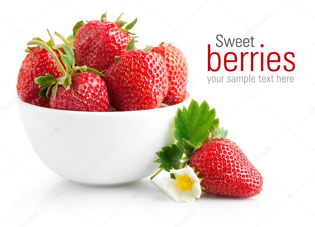 Strawberry berry with green leaf and flower