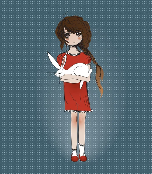 Cute girl with white rabbit — Stockvector