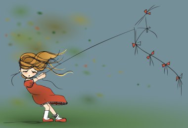 Little girl fly a kite clipart