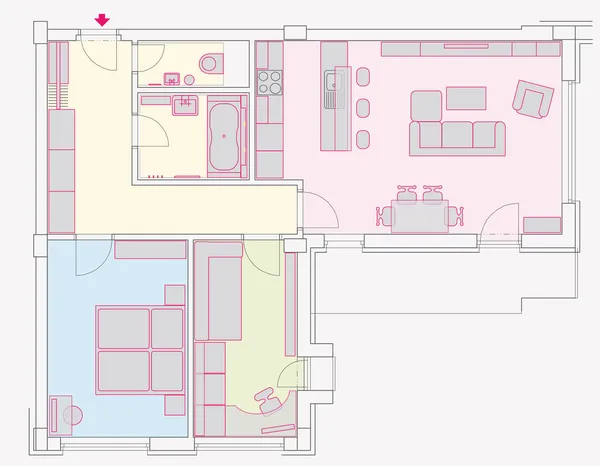 Ground plan of tree-room flat — Stock Vector