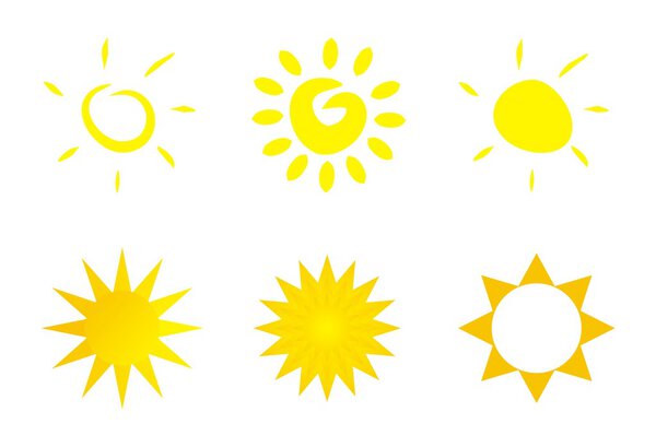 Логотип иконки солнца или вектор изображения клипа изолированы на белом фоне
