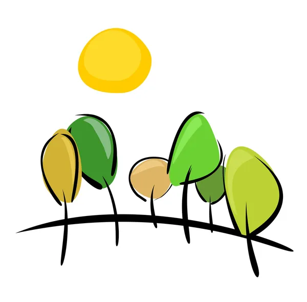 Árvores na colina em dia ensolarado ilustração vetorial — Vetor de Stock