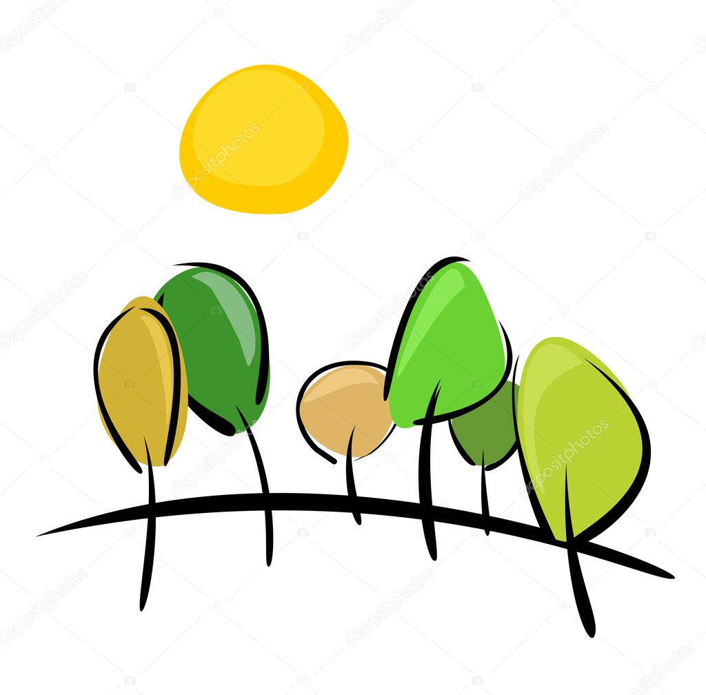 Green and brown trees on the hill at sunny day. Pretty landscape isolated on white background. Vector illustration