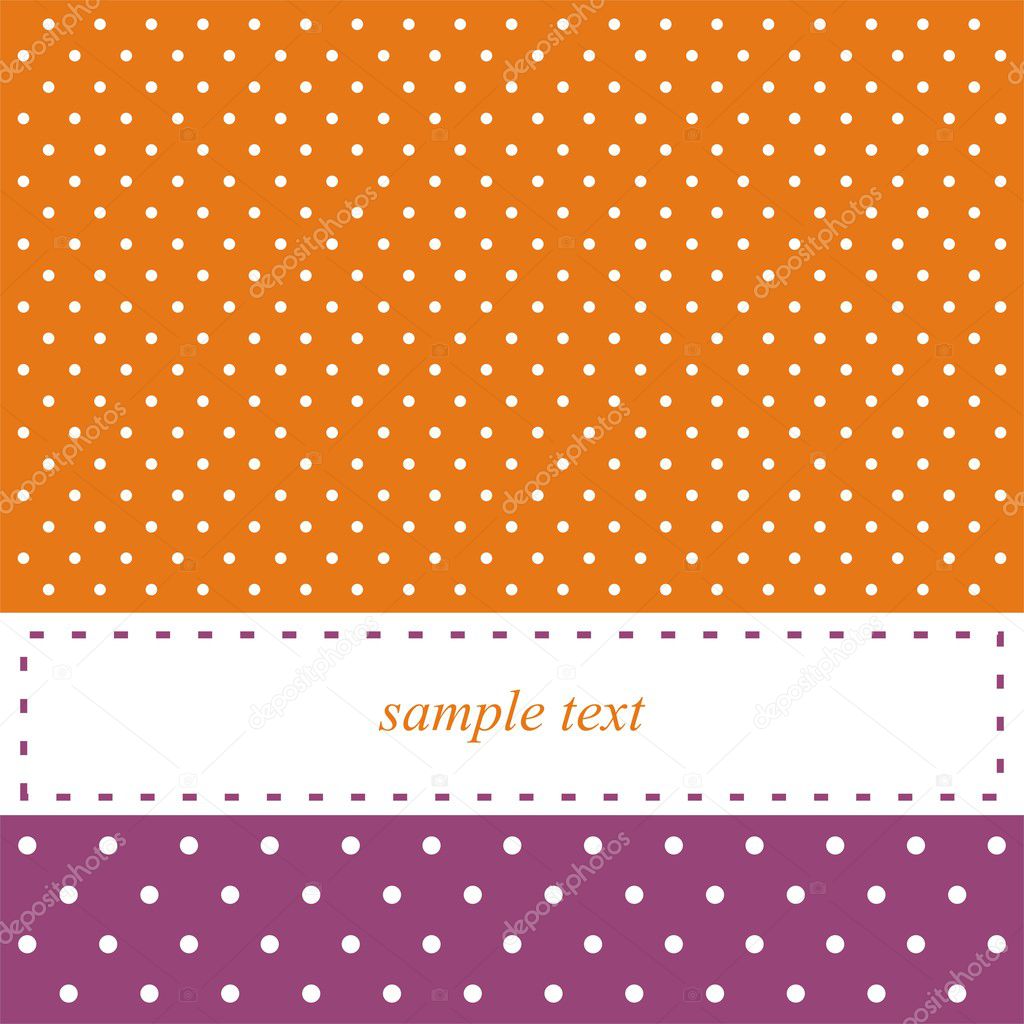 Orange and violet vector card or invitation with polka dots