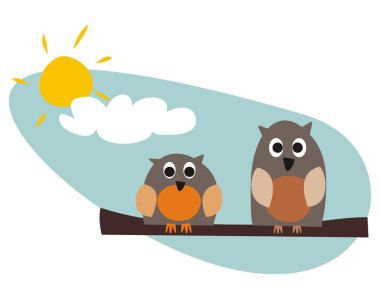 Funny owls sitting on branch on a sunny day vector illustration clipart