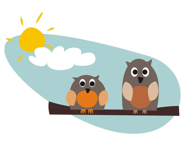Legrační sovy, sedící na větvi na slunečný den vektorové ilustrace — Stockový vektor