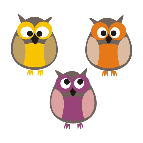 Funny colorful owls vector illustration isolated on white background — Stock Vector