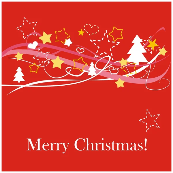 Latar belakang vektor merah atau kartu dengan bintang, pohon dan teks Merry Christmas - Stok Vektor