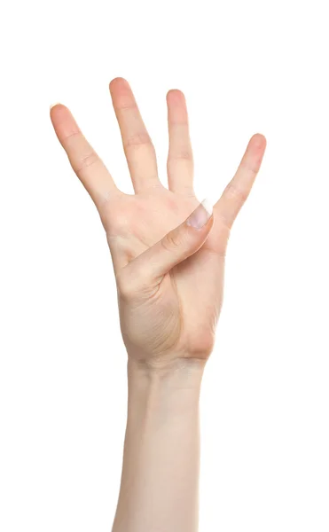 stock image Woman hand number four