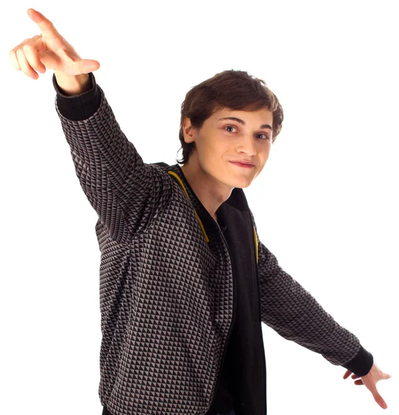Stylish young man points his hands up and down — Stock Photo, Image