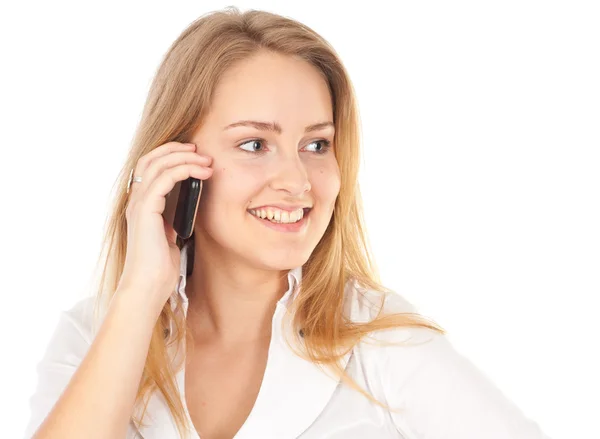 若いビジネス女性の笑みを浮かべて、電話を保持 — ストック写真