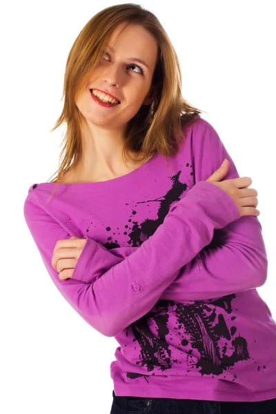 Šťastný hezká žena chytne ramena — Stock fotografie