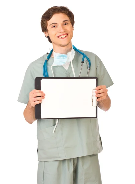 Jovem trabalhador médico com área de transferência — Fotografia de Stock
