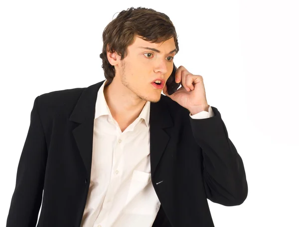 Zklamaný mladých obchodní muž s telefonem — Stock fotografie