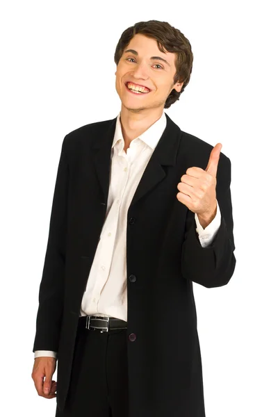 Šťastný obchodní muž ukazuje palec — Stock fotografie