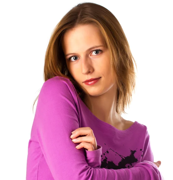 Handsome young female looking from shoulder on you — Stock Photo, Image