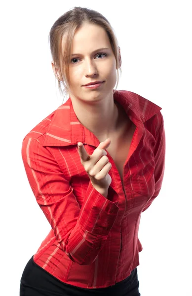 Businesswoman pointing at camera — Stock Photo, Image