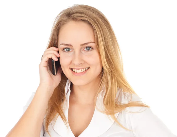 Mladá podnikatelka usmívá a drží telefon — Stock fotografie